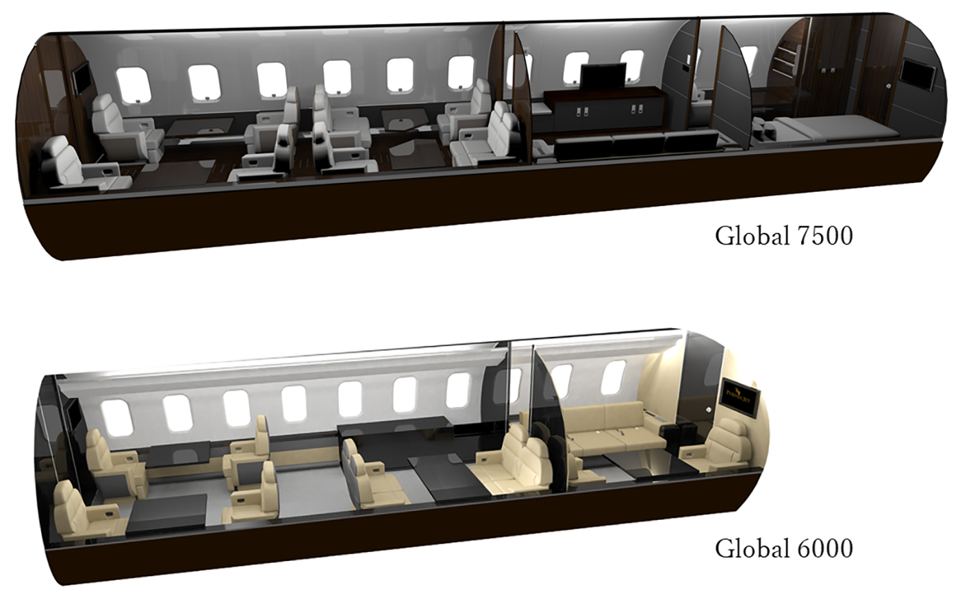 最新機種「Global 7500」と前モデル「Global6000」の3D内装図